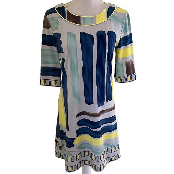 BCBGMaxAzria Blue/Yellow/Grey Abstract Print 3/4 Sleeve Shift Dress S - Picture 1 of 10